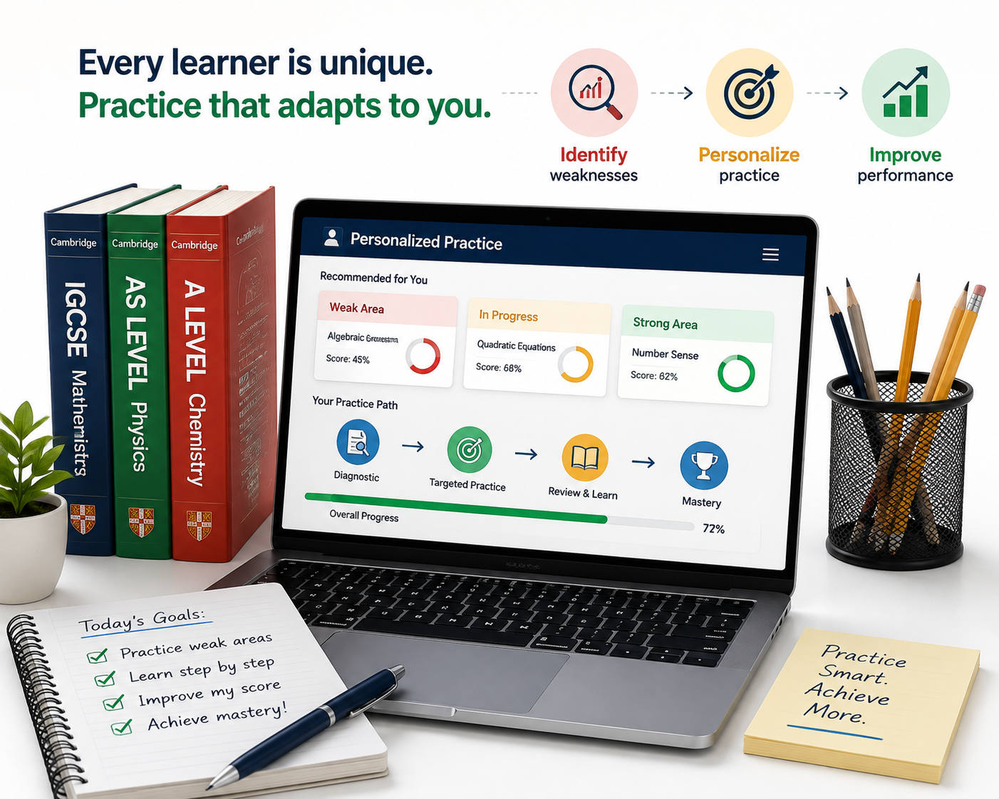 Student adaptive practice dashboard showing targeted questions and progress